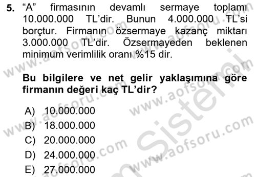 Finansal Tablolar Analizi Dersi 2020 - 2021 Yılı Yaz Okulu Sınav Soruları 5. Soru