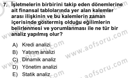 Finansal Tablolar Analizi Dersi 2020 - 2021 Yılı Yaz Okulu Sınav Soruları 7. Soru