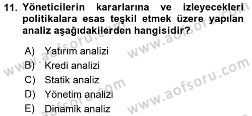 Finansal Tablolar Analizi Dersi 2021 - 2022 Yılı (Vize) Ara Sınav Soruları 11. Soru