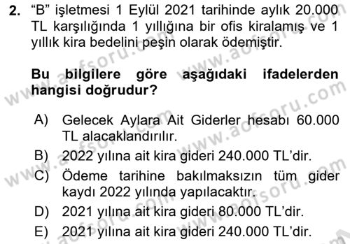 Finansal Tablolar Analizi Dersi 2021 - 2022 Yılı (Vize) Ara Sınav Soruları 2. Soru