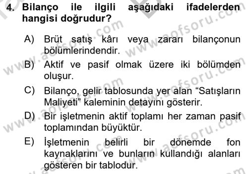 Finansal Tablolar Analizi Dersi 2021 - 2022 Yılı (Vize) Ara Sınav Soruları 4. Soru