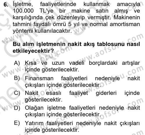 Finansal Tablolar Analizi Dersi 2021 - 2022 Yılı (Vize) Ara Sınav Soruları 6. Soru