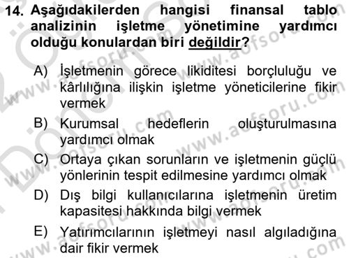 Finansal Tablolar Analizi Dersi 2021 - 2022 Yılı (Final) Dönem Sonu Sınav Soruları 14. Soru