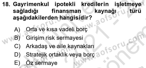 Finansal Tablolar Analizi Dersi 2021 - 2022 Yılı (Final) Dönem Sonu Sınavı 18. Soru