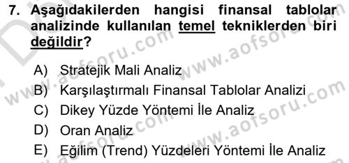 Finansal Tablolar Analizi Dersi 2021 - 2022 Yılı (Final) Dönem Sonu Sınav Soruları 7. Soru