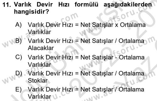 Finansal Tablolar Analizi Dersi 2022 - 2023 Yılı Yaz Okulu Sınav Soruları 11. Soru