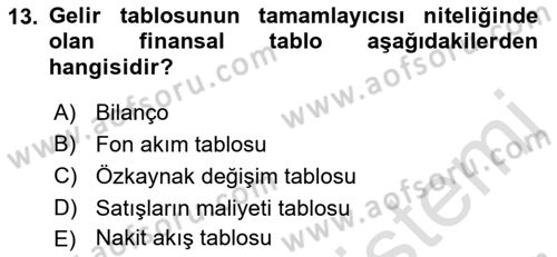 Finansal Tablolar Analizi Dersi 2022 - 2023 Yılı Yaz Okulu Sınav Soruları 13. Soru