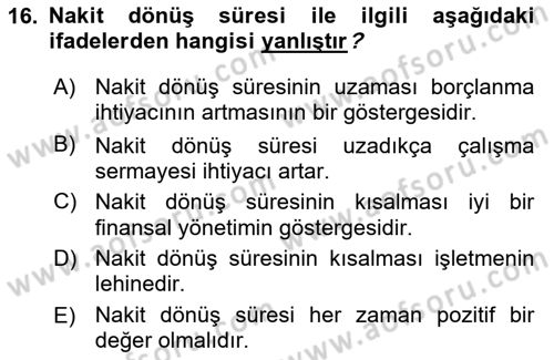 Finansal Tablolar Analizi Dersi 2022 - 2023 Yılı Yaz Okulu Sınav Soruları 16. Soru