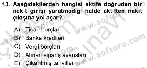 Finansal Tablolar Analizi Dersi 2023 - 2024 Yılı (Vize) Ara Sınav Soruları 13. Soru
