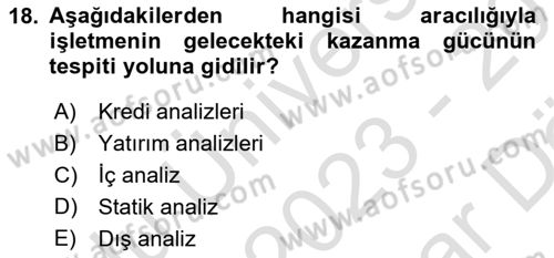 Finansal Tablolar Analizi Dersi 2023 - 2024 Yılı (Vize) Ara Sınav Soruları 18. Soru