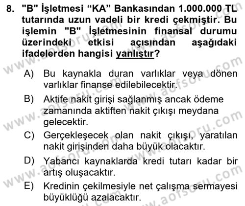Finansal Tablolar Analizi Dersi 2023 - 2024 Yılı (Vize) Ara Sınav Soruları 8. Soru