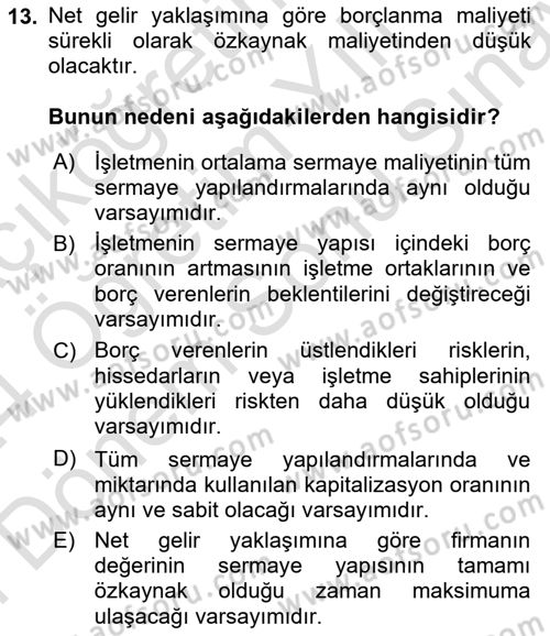 Finansal Tablolar Analizi Dersi 2023 - 2024 Yılı (Final) Dönem Sonu Sınav Soruları 13. Soru