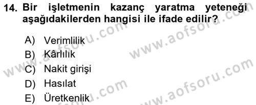 Finansal Tablolar Analizi Dersi 2023 - 2024 Yılı (Final) Dönem Sonu Sınav Soruları 14. Soru