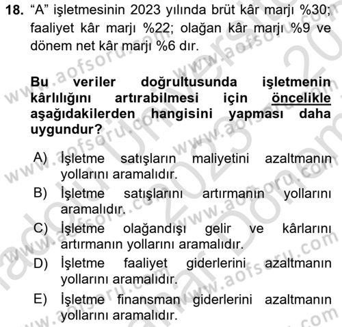 Finansal Tablolar Analizi Dersi 2023 - 2024 Yılı (Final) Dönem Sonu Sınav Soruları 18. Soru