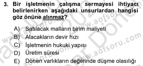Finansal Tablolar Analizi Dersi 2023 - 2024 Yılı (Final) Dönem Sonu Sınavı 3. Soru