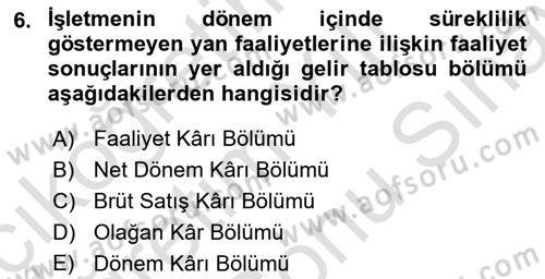 Finansal Tablolar Analizi Dersi 2023 - 2024 Yılı (Final) Dönem Sonu Sınav Soruları 6. Soru
