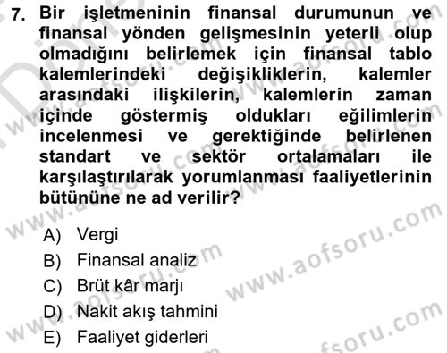 Finansal Tablolar Analizi Dersi 2023 - 2024 Yılı (Final) Dönem Sonu Sınav Soruları 7. Soru