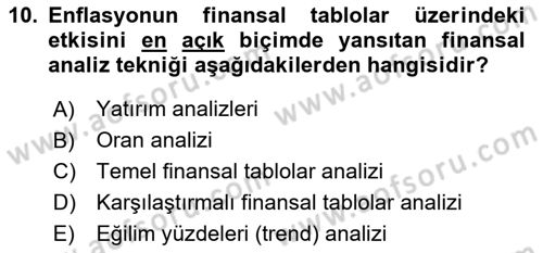 Finansal Tablolar Analizi Dersi 2023 - 2024 Yılı Yaz Okulu Sınav Soruları 10. Soru