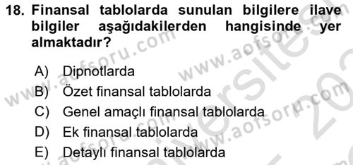 Finansal Tablolar Analizi Dersi 2023 - 2024 Yılı Yaz Okulu Sınav Soruları 18. Soru