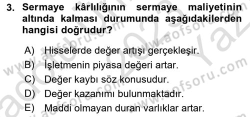 Finansal Tablolar Analizi Dersi 2023 - 2024 Yılı Yaz Okulu Sınav Soruları 3. Soru
