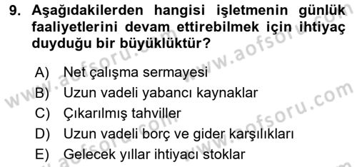 Finansal Tablolar Analizi Dersi 2023 - 2024 Yılı Yaz Okulu Sınav Soruları 9. Soru