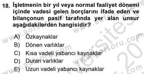 Finansal Tablolar Analizi Dersi 2024 - 2025 Yılı (Vize) Ara Sınav Soruları 18. Soru