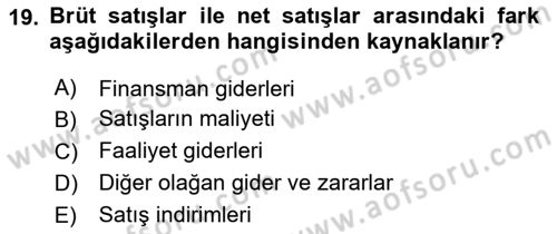 Finansal Tablolar Analizi Dersi 2024 - 2025 Yılı (Vize) Ara Sınav Soruları 19. Soru