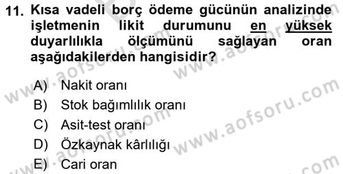 Finansal Tablolar Analizi Dersi 2024 - 2025 Yılı (Final) Dönem Sonu Sınav Soruları 11. Soru