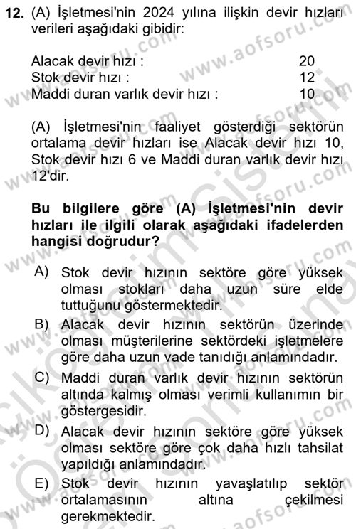 Finansal Tablolar Analizi Dersi 2024 - 2025 Yılı (Final) Dönem Sonu Sınav Soruları 12. Soru