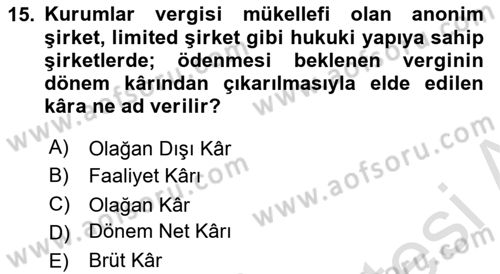 Finansal Tablolar Analizi Dersi 2024 - 2025 Yılı (Final) Dönem Sonu Sınav Soruları 15. Soru