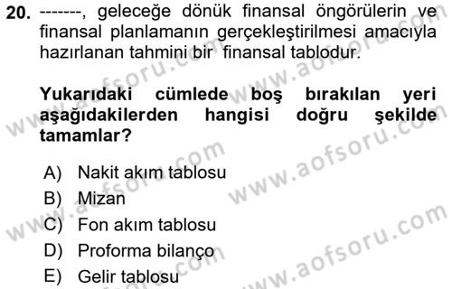 Finansal Tablolar Analizi Dersi 2024 - 2025 Yılı (Final) Dönem Sonu Sınav Soruları 20. Soru