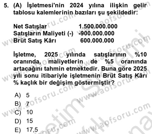 Finansal Tablolar Analizi Dersi 2024 - 2025 Yılı (Final) Dönem Sonu Sınav Soruları 5. Soru