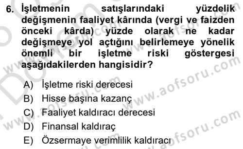 Finansal Tablolar Analizi Dersi 2024 - 2025 Yılı (Final) Dönem Sonu Sınav Soruları 6. Soru