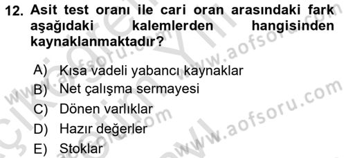 Finansal Tablolar Analizi Dersi 2024 - 2025 Yılı Yaz Okulu Sınav Soruları 12. Soru