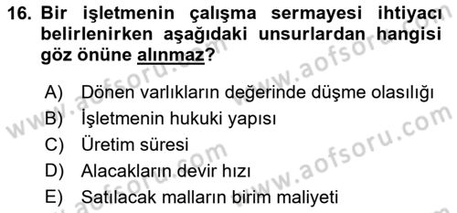 Finansal Tablolar Analizi Dersi 2024 - 2025 Yılı Yaz Okulu Sınav Soruları 16. Soru