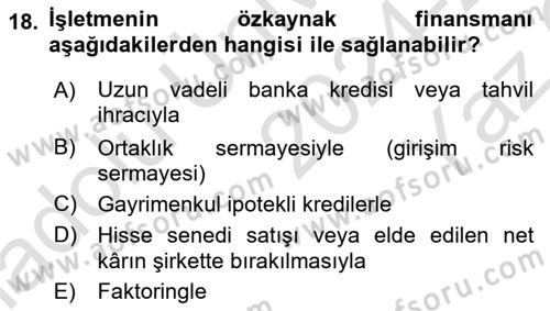 Finansal Tablolar Analizi Dersi 2024 - 2025 Yılı Yaz Okulu Sınav Soruları 18. Soru
