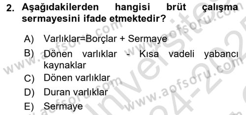 Finansal Tablolar Analizi Dersi 2024 - 2025 Yılı Yaz Okulu Sınav Soruları 2. Soru
