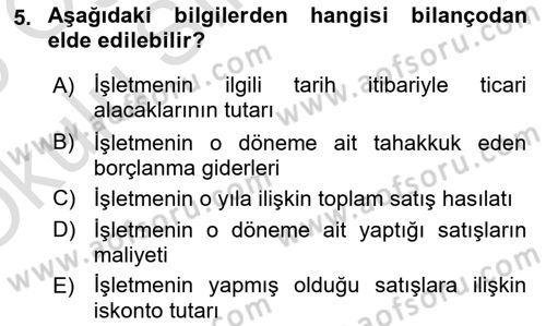 Finansal Tablolar Analizi Dersi 2024 - 2025 Yılı Yaz Okulu Sınav Soruları 5. Soru