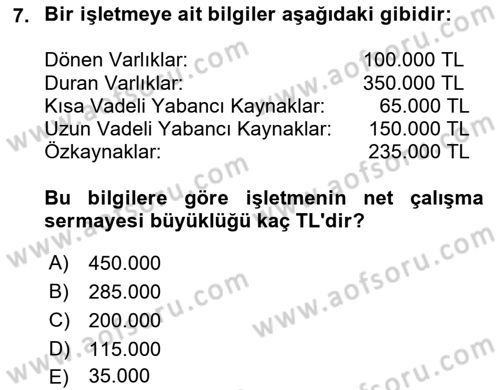 Finansal Tablolar Analizi Dersi 2024 - 2025 Yılı Yaz Okulu Sınav Soruları 7. Soru