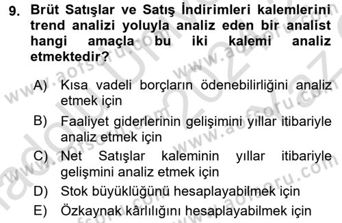 Finansal Tablolar Analizi Dersi 2024 - 2025 Yılı Yaz Okulu Sınav Soruları 9. Soru