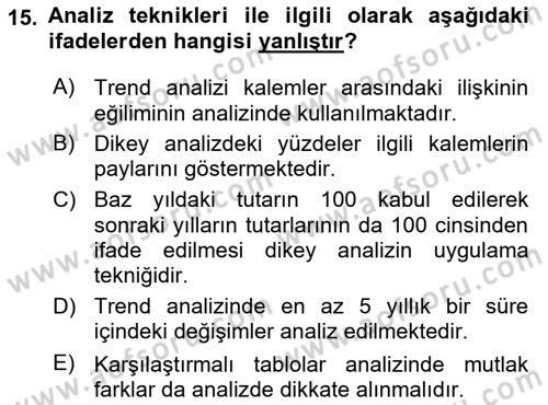 Finansal Tablolar Analizi Dersi 2025 - 2026 Yılı (Vize) Ara Sınav Soruları 15. Soru