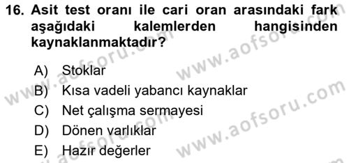 Finansal Tablolar Analizi Dersi 2025 - 2026 Yılı (Vize) Ara Sınav Soruları 16. Soru