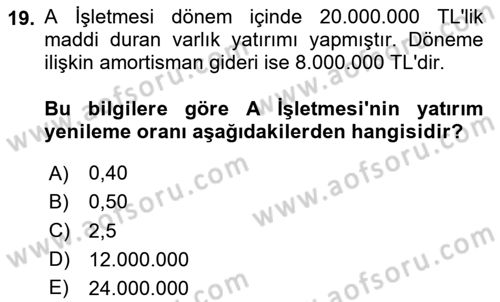 Finansal Tablolar Analizi Dersi 2025 - 2026 Yılı (Vize) Ara Sınav Soruları 19. Soru