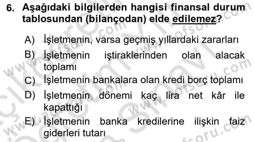 Finansal Tablolar Analizi Dersi 2025 - 2026 Yılı (Vize) Ara Sınav Soruları 6. Soru