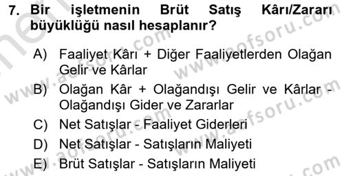 Finansal Tablolar Analizi Dersi 2025 - 2026 Yılı (Vize) Ara Sınav Soruları 7. Soru