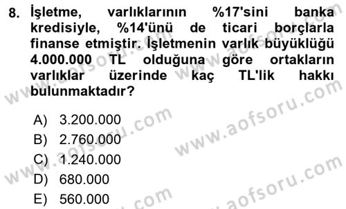 Finansal Tablolar Analizi Dersi 2025 - 2026 Yılı (Vize) Ara Sınav Soruları 8. Soru
