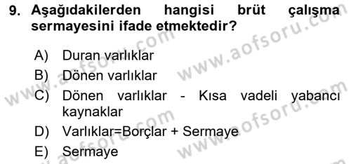 Finansal Tablolar Analizi Dersi 2025 - 2026 Yılı (Vize) Ara Sınav Soruları 9. Soru