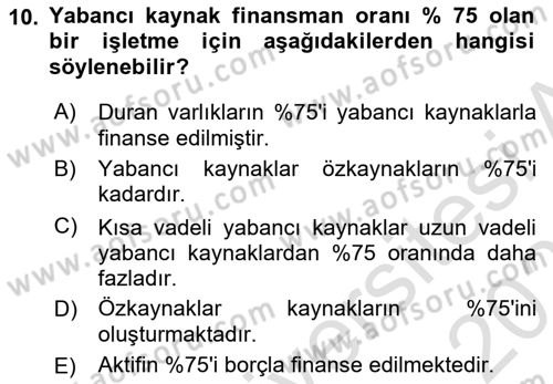 Finansal Tablolar Analizi Dersi 2025 - 2026 Yılı (Final) Dönem Sonu Sınav Soruları 10. Soru