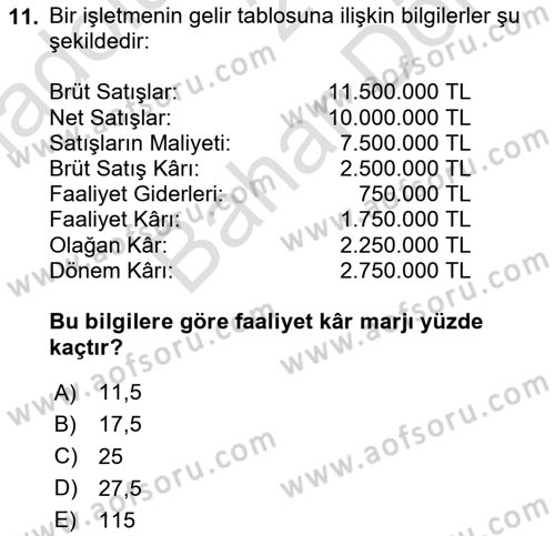 Finansal Tablolar Analizi Dersi 2025 - 2026 Yılı (Final) Dönem Sonu Sınav Soruları 11. Soru