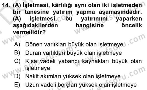 Finansal Tablolar Analizi Dersi 2025 - 2026 Yılı (Final) Dönem Sonu Sınav Soruları 14. Soru